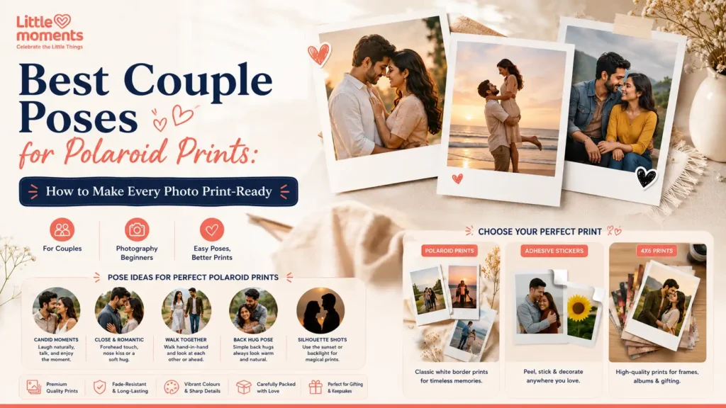 Twelve couple poses that look good as small prints, plus lighting and framing tips so your polaroid photos come out sharp. No professional camera needed.