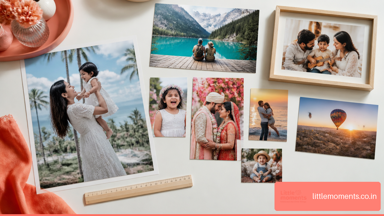 A selection of photo prints in common sizes, from small 4x6 prints to larger framed prints.