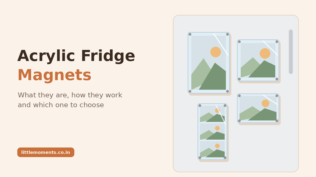 Acrylic fridge magnets with photos: a clear acrylic frame holding a printed photo on a fridge