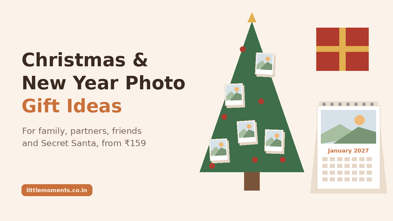 Christmas and New Year photo gift ideas: a 2027 photo desk calendar, Polaroid prints on a Christmas tree and acrylic photo magnets