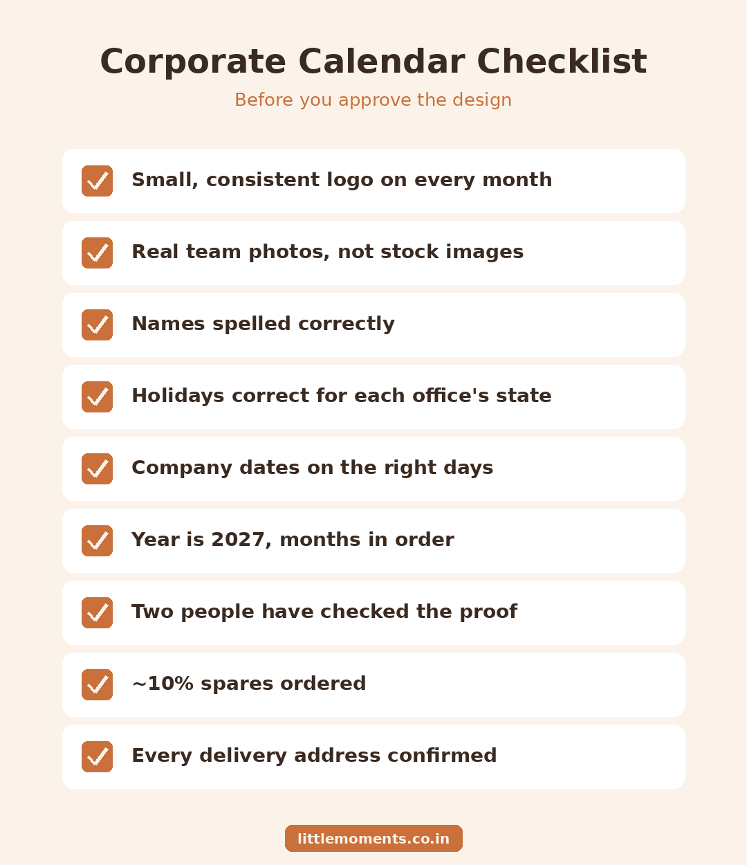 Corporate calendar design checklist: logo placement, real photos, holidays, proof check, spares and delivery addresses