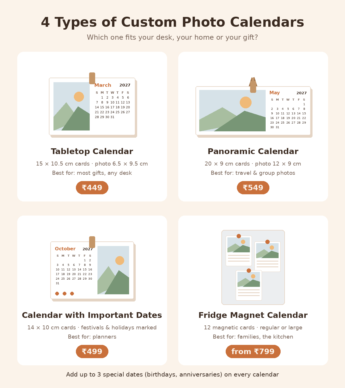 Corporate calendar formats compared: tabletop, panoramic, desk calendar with holidays and fridge magnet calendar