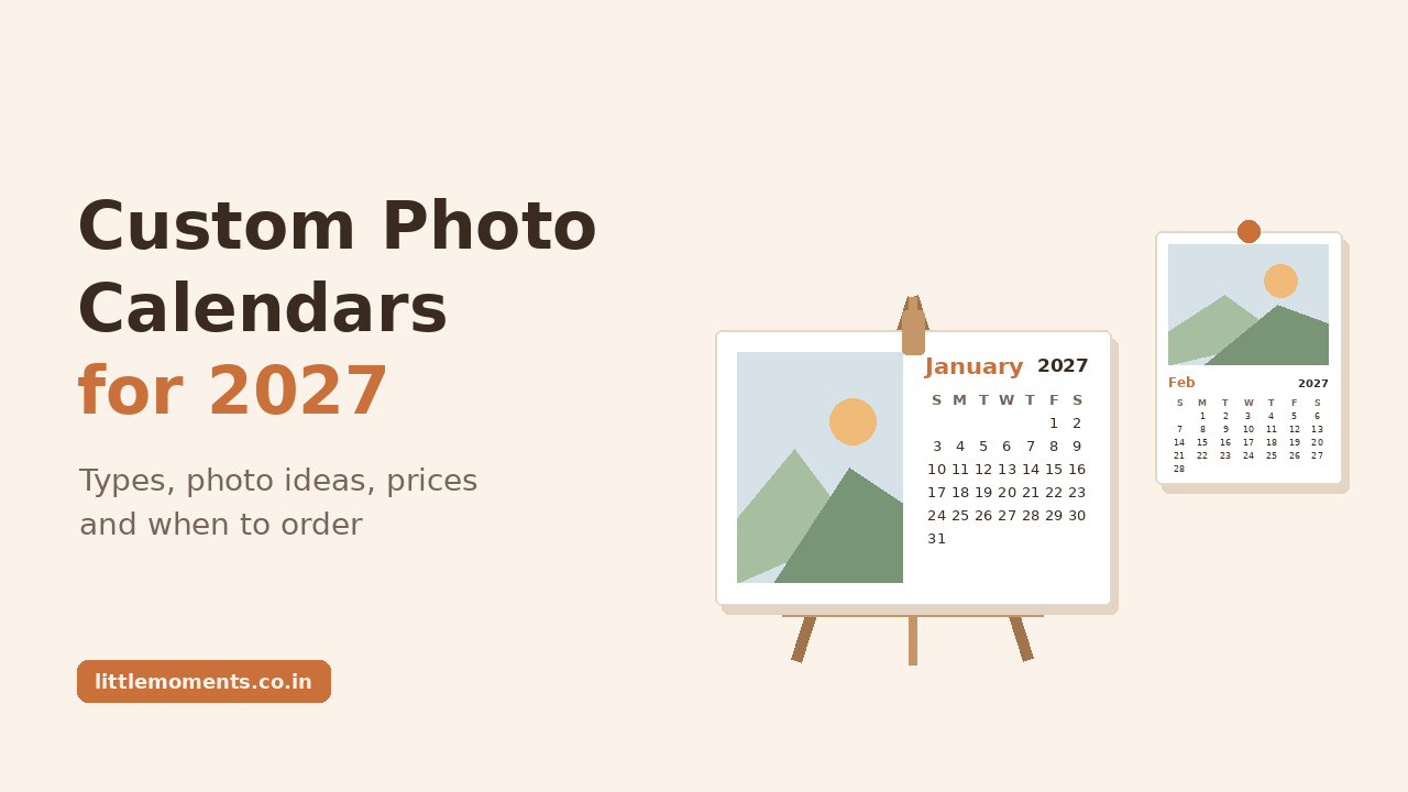 Custom photo calendars for 2027: tabletop, panoramic and fridge magnet calendars with your own photos