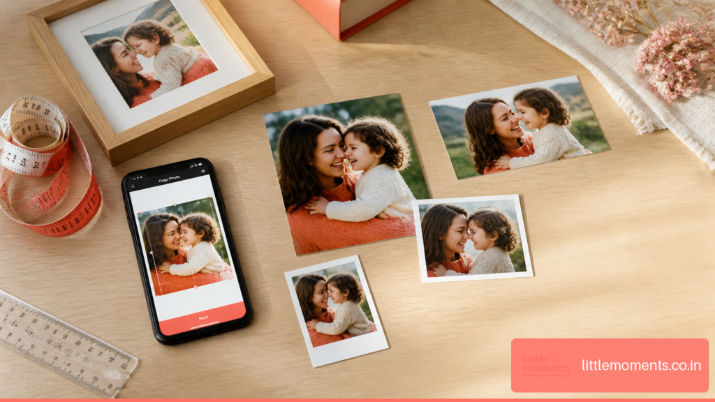 Custom photo prints in several sizes arranged with a frame, measuring tape, and smartphone crop preview.