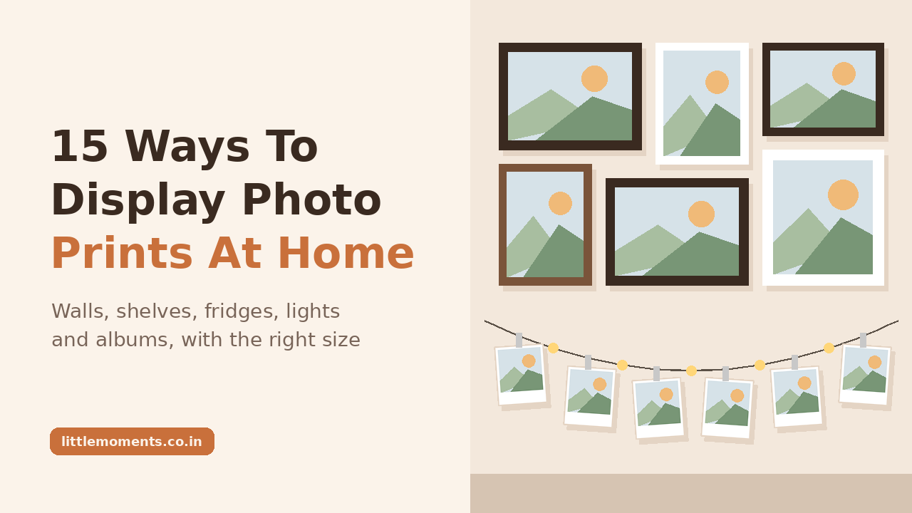 Creative ways to display photo prints at home: a gallery wall, Polaroid prints on string lights and framed photos on a shelf