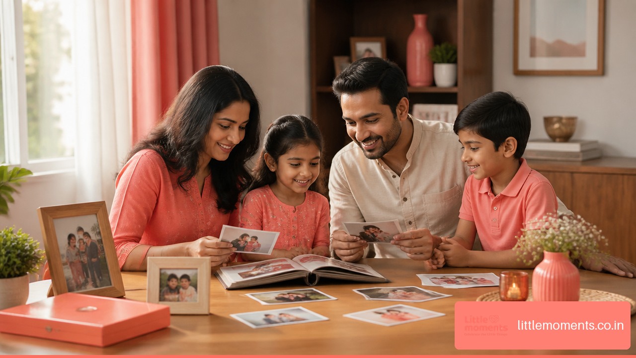 Family looking through printed photo memories and a photo album at home