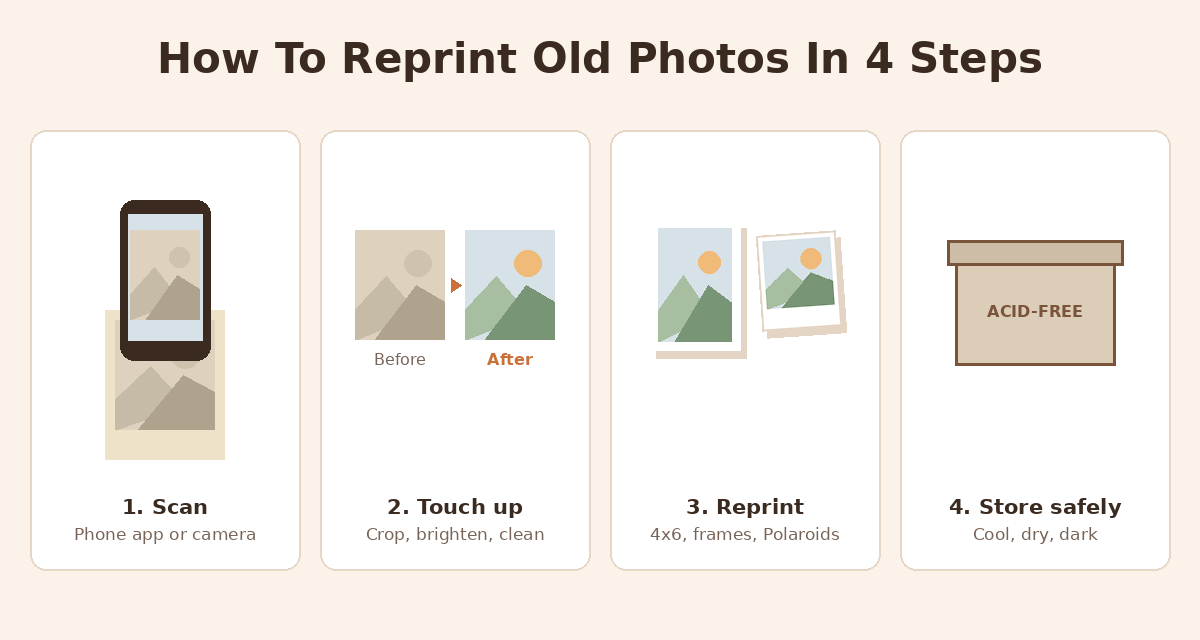 How to reprint old photos in four steps: scan with your phone, touch up, choose a size and reprint, store the originals safely