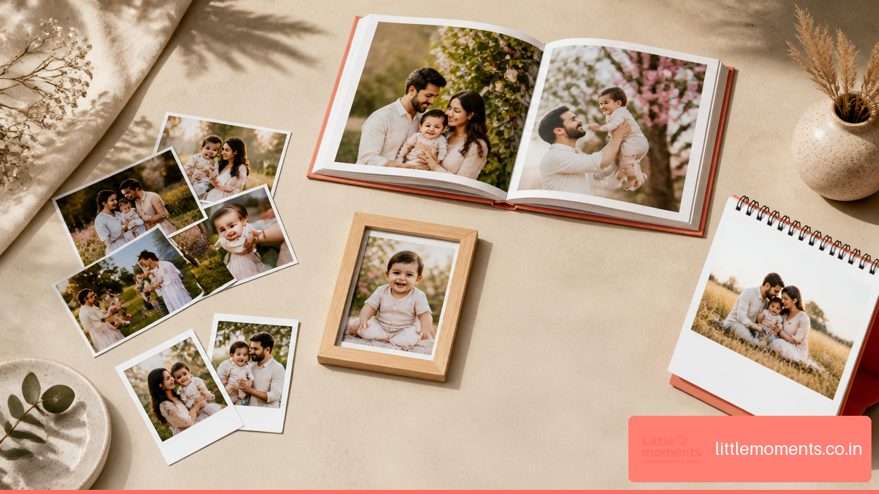 Loose prints, an album, a framed photo, Polaroid-style prints and a calendar arranged together