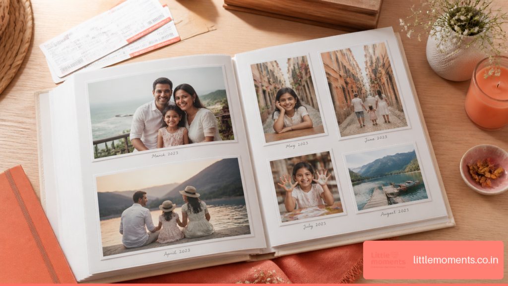 Open photo album with landscape and portrait family and travel prints, each labelled with a month.