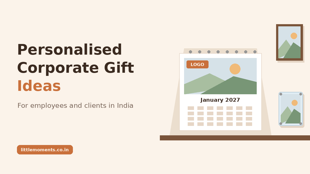 Personalised corporate gift ideas: a custom photo desk calendar with a company logo, an acrylic photo magnet and a framed team photo