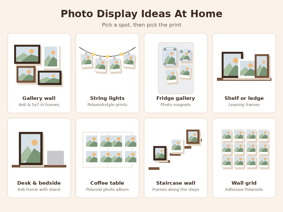 Photo display ideas at home: gallery wall, string lights with clips, fridge gallery, shelf ledge, desk frames, photo album, staircase wall and a journal