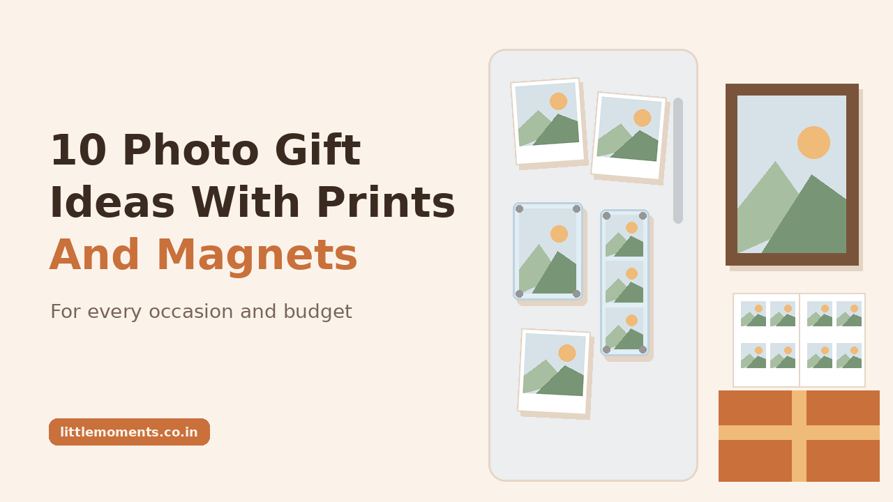 Photo gift ideas using prints and magnets: Polaroid photo magnets, an acrylic photo magnet, a framed print and a photo album