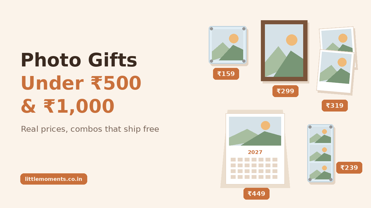 Personalised photo gifts under ₹500 and ₹1,000: acrylic photo magnets, Polaroid prints, a framed photo and a photo calendar with price tags