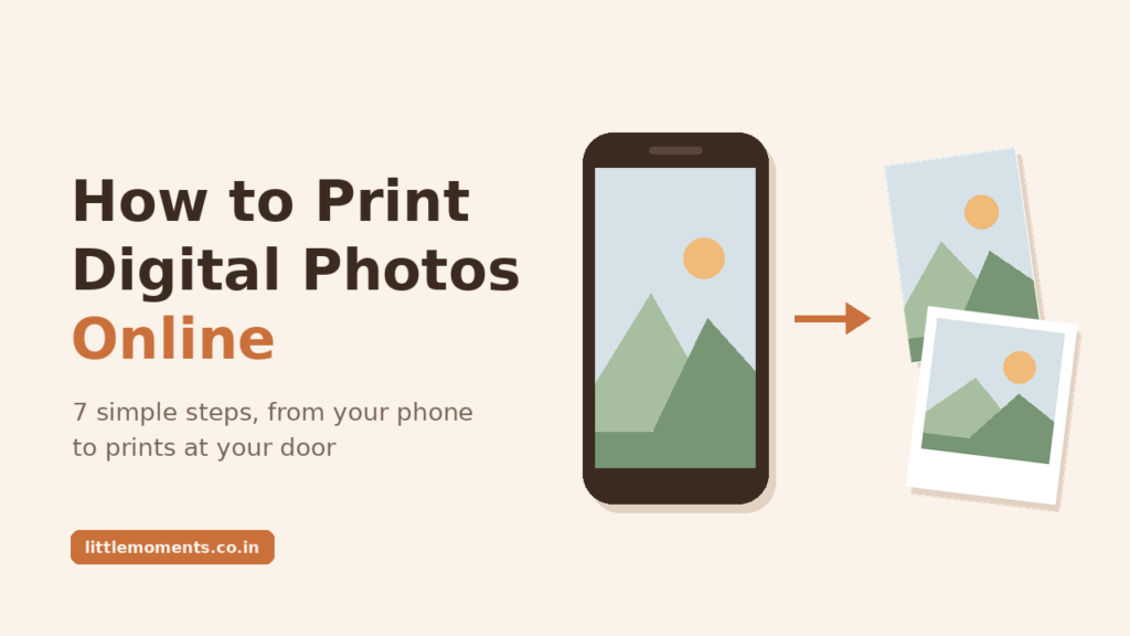 Illustration of a phone photo turning into physical photo prints, with the title How to Print Digital Photos Online.