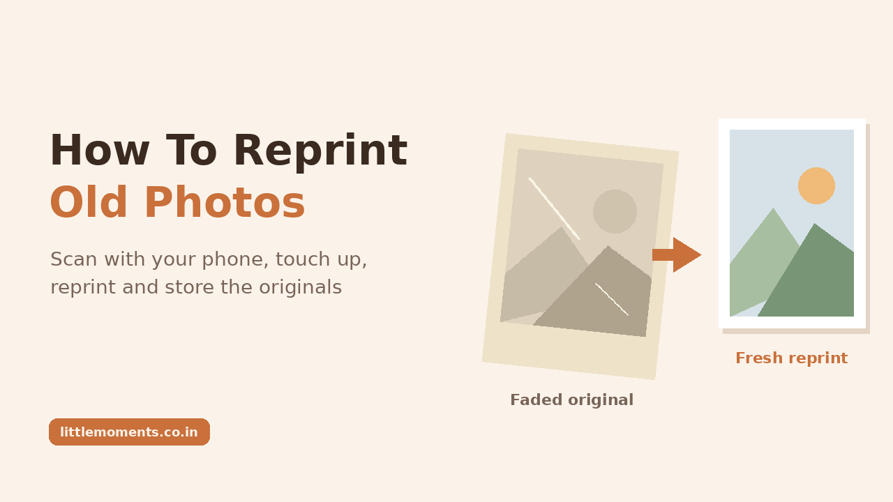 Reprinting old family photos: a faded old print scanned with a phone and reprinted as a fresh 4x6 photo