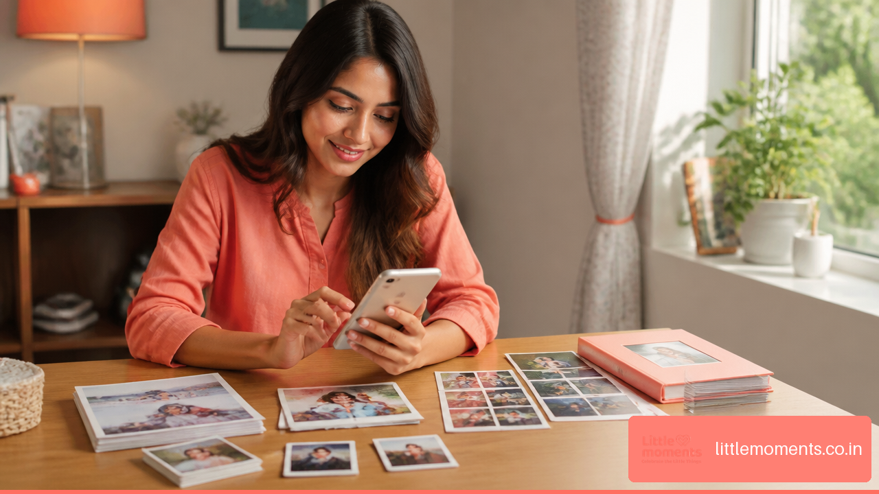 Smartphone beside affordable personalized photo prints and mini polaroid prints on a home desk in India