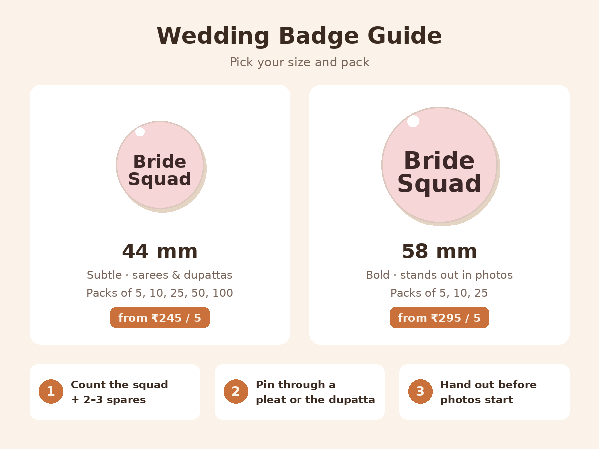 Wedding badge guide: 44 mm and 58 mm sizes, pack options and design styles for Bride Squad badges